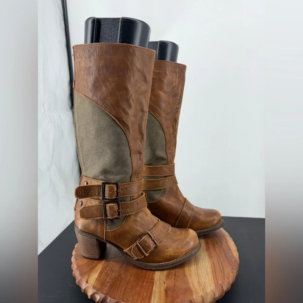 Durango harness tall boots sz 7 brown leather green canvas